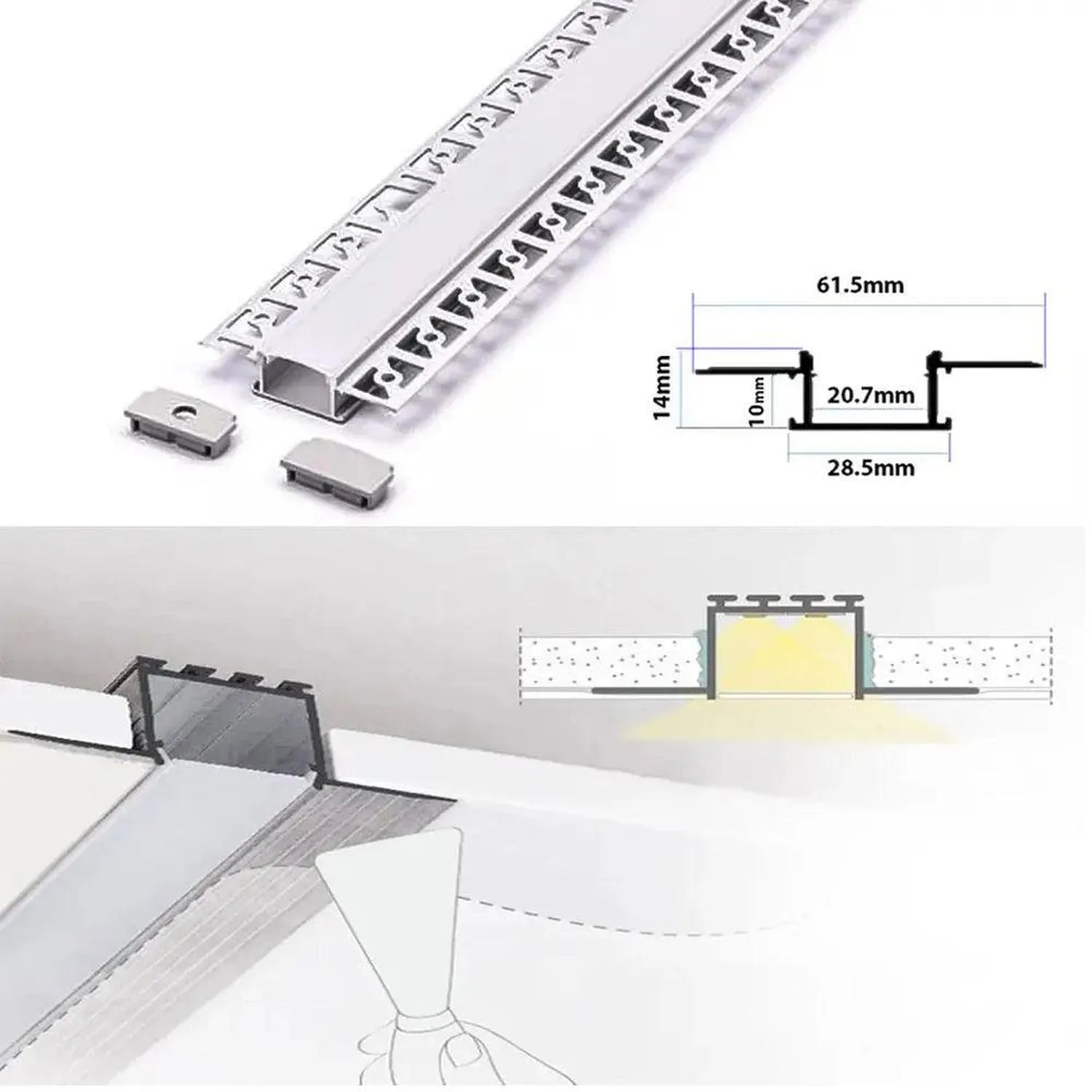 Recessed LED aluminum profile with technical dimensions, end caps, and installation cross-section diagram showing drywall int