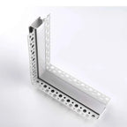 White metal L-shaped corner bracket with perforated holes throughout, shown as a product isolated on white background.