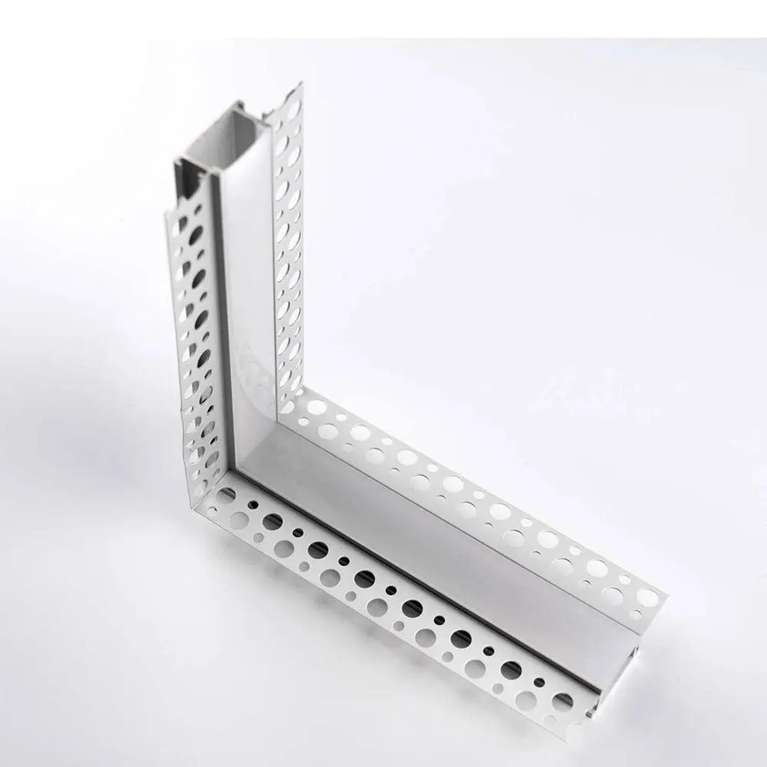 White metal L-shaped corner bracket with perforated holes throughout, shown as a product isolated on white background.
