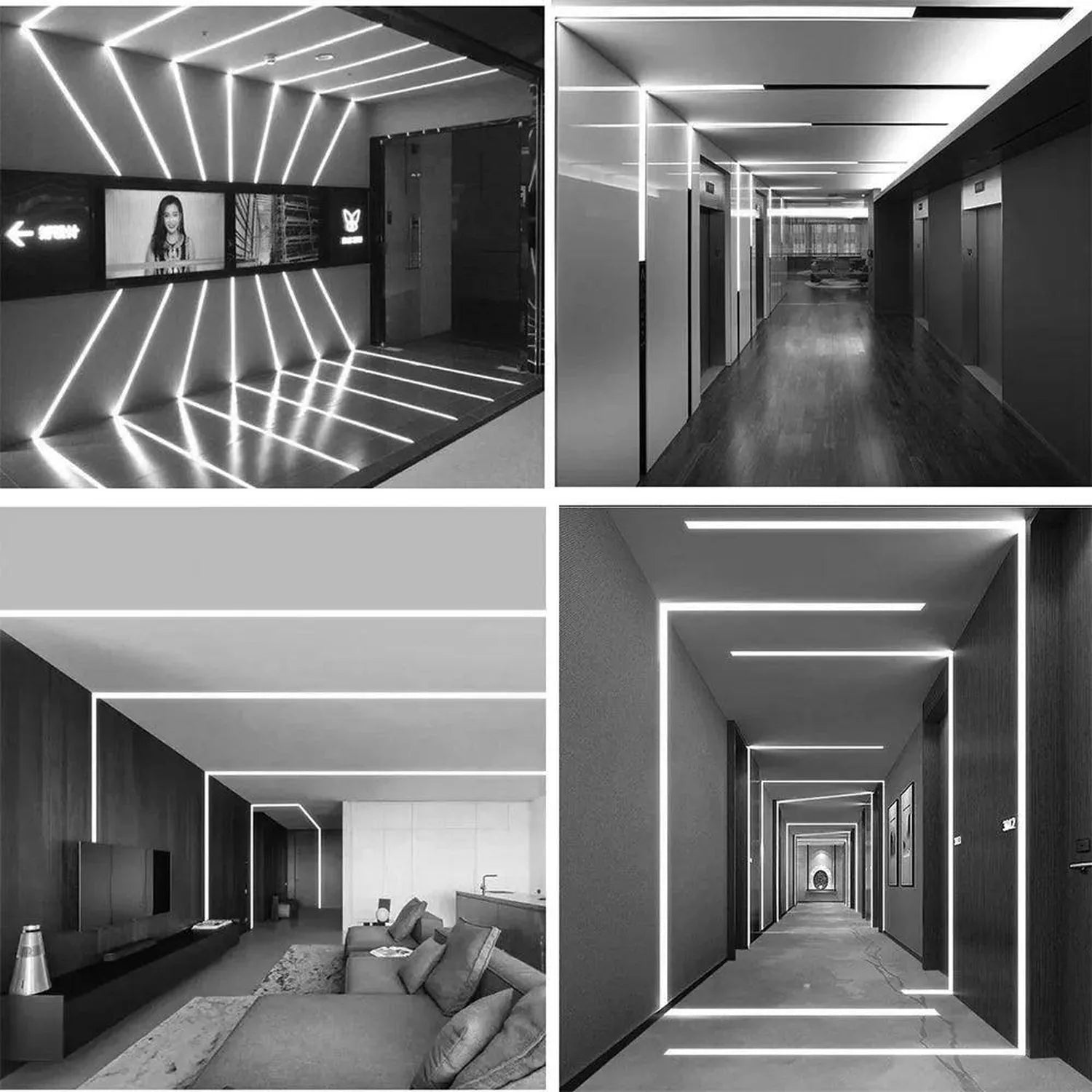 Four installation shots of recessed LED profiles in modern interior spaces: entry corridor with diagonal lighting, hallway wi