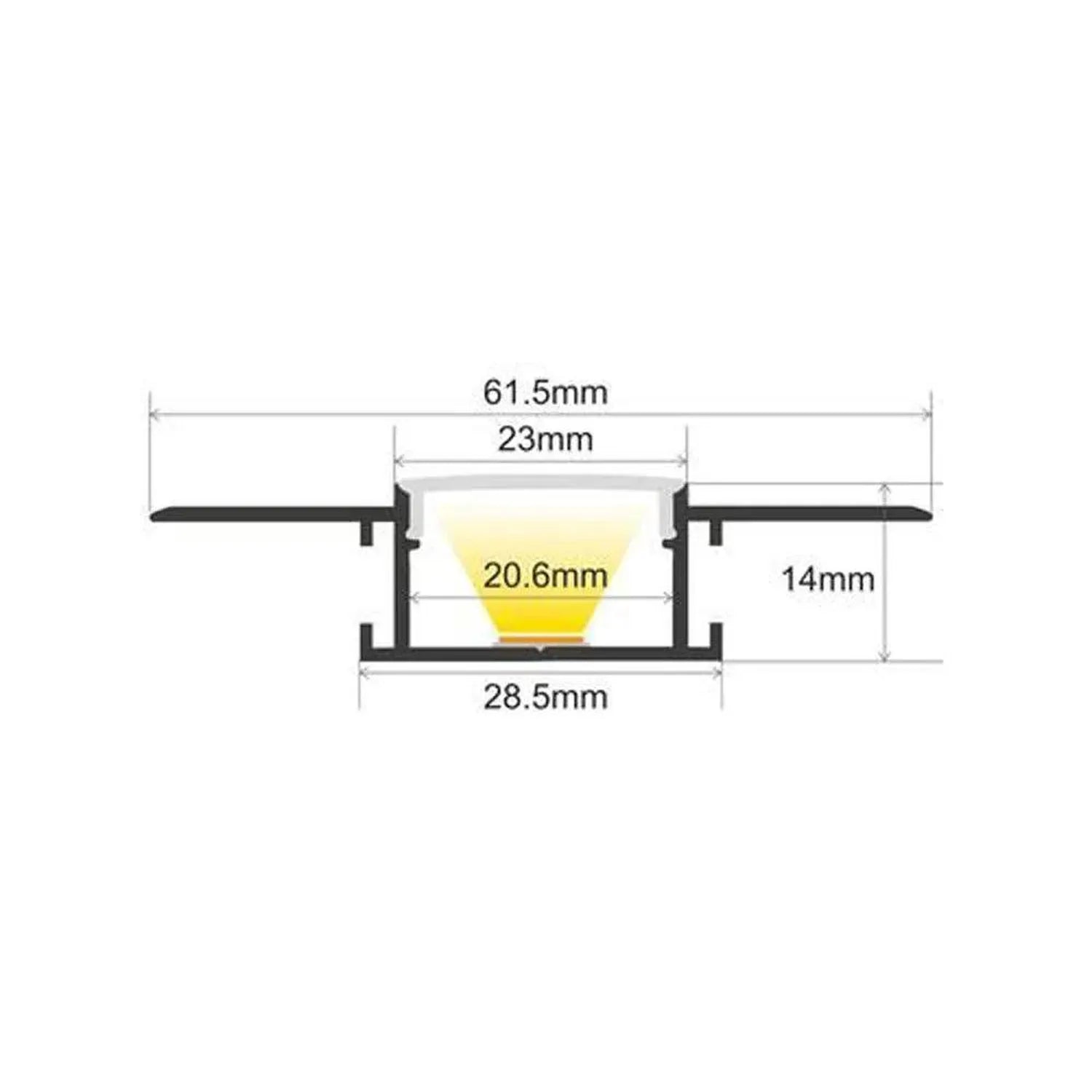 Cross-section technical diagram of recessed LED profile showing 61.5mm width, 28.5mm base, 20.6mm light opening, and 14mm dep