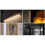 Recessed LED profile installation examples showing linear light fixtures integrated into drywall ceilings and wall edges with