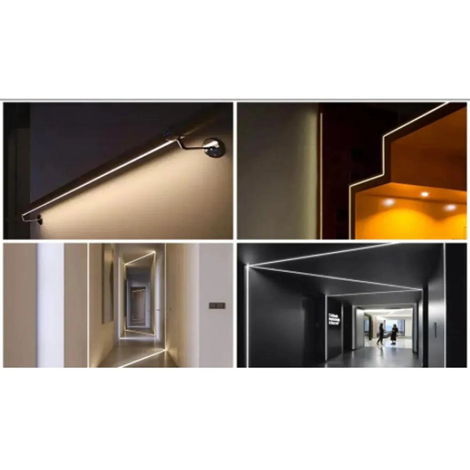 Recessed LED profile installation examples showing linear light fixtures integrated into drywall ceilings and wall edges with