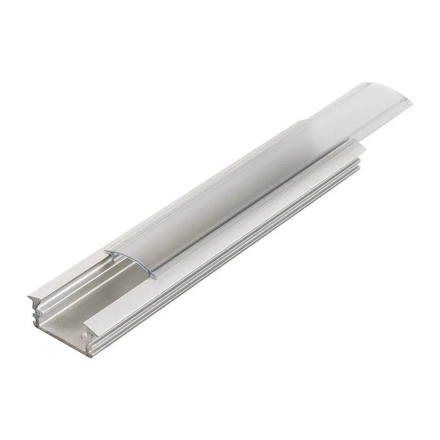 Aluminum U-channel profile with frosted diffuser cover for LED strip lighting, shown as product component detail.
