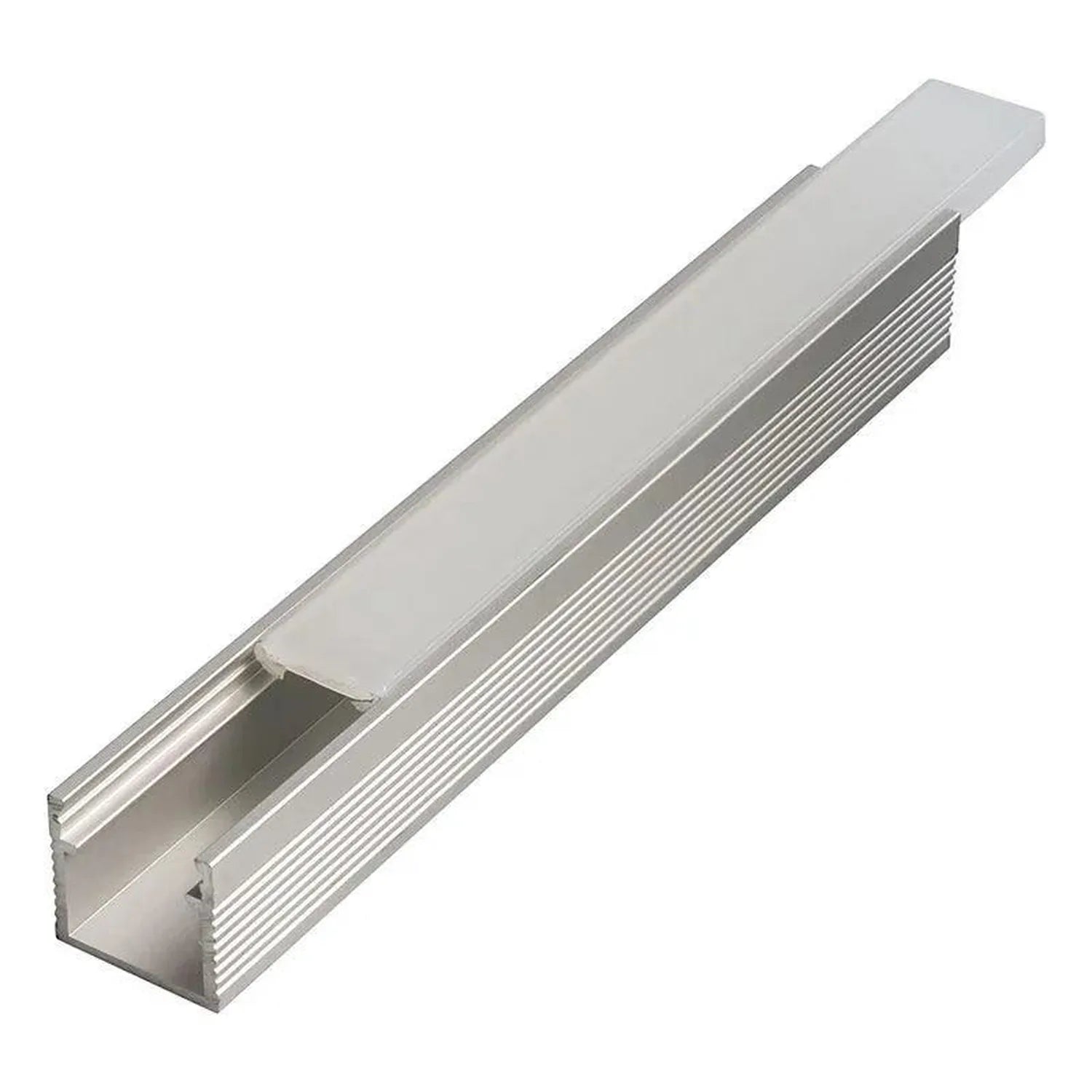 Angled view of aluminum U-channel LED profile with ribbed heatsink body and frosted diffuser cover.