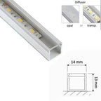 Aluminium U channel LED profile with integrated LED strip and diffuser options shown in product photo, dimension diagram, and