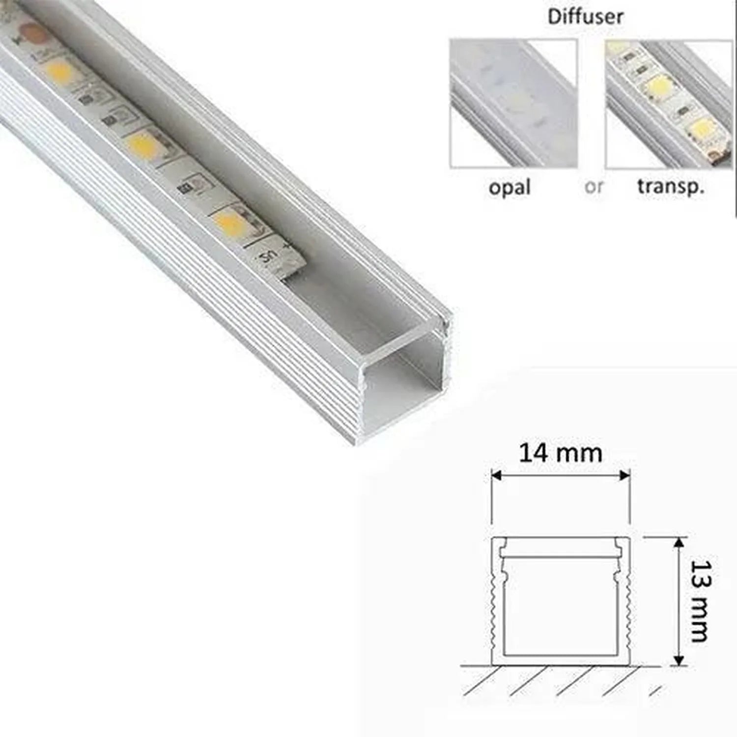 Aluminium U channel LED profile with integrated LED strip and diffuser options shown in product photo, dimension diagram, and