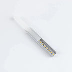 Aluminium U channel LED profile with integrated yellow LEDs mounted on white frosted diffuser, angled view on white backgroun