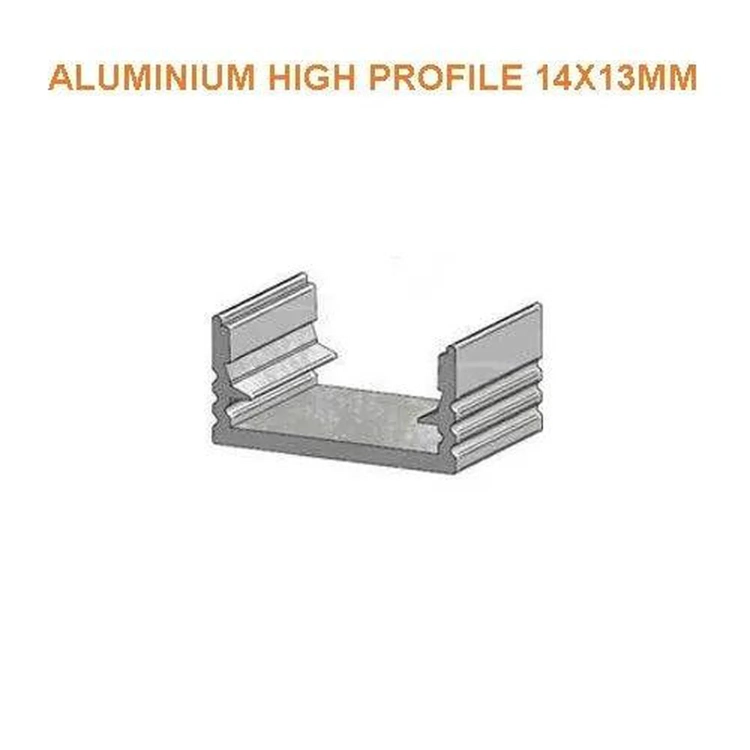 Aluminium high profile U-channel 14x13mm shown in technical 3D illustration with left and right mounting flanges.