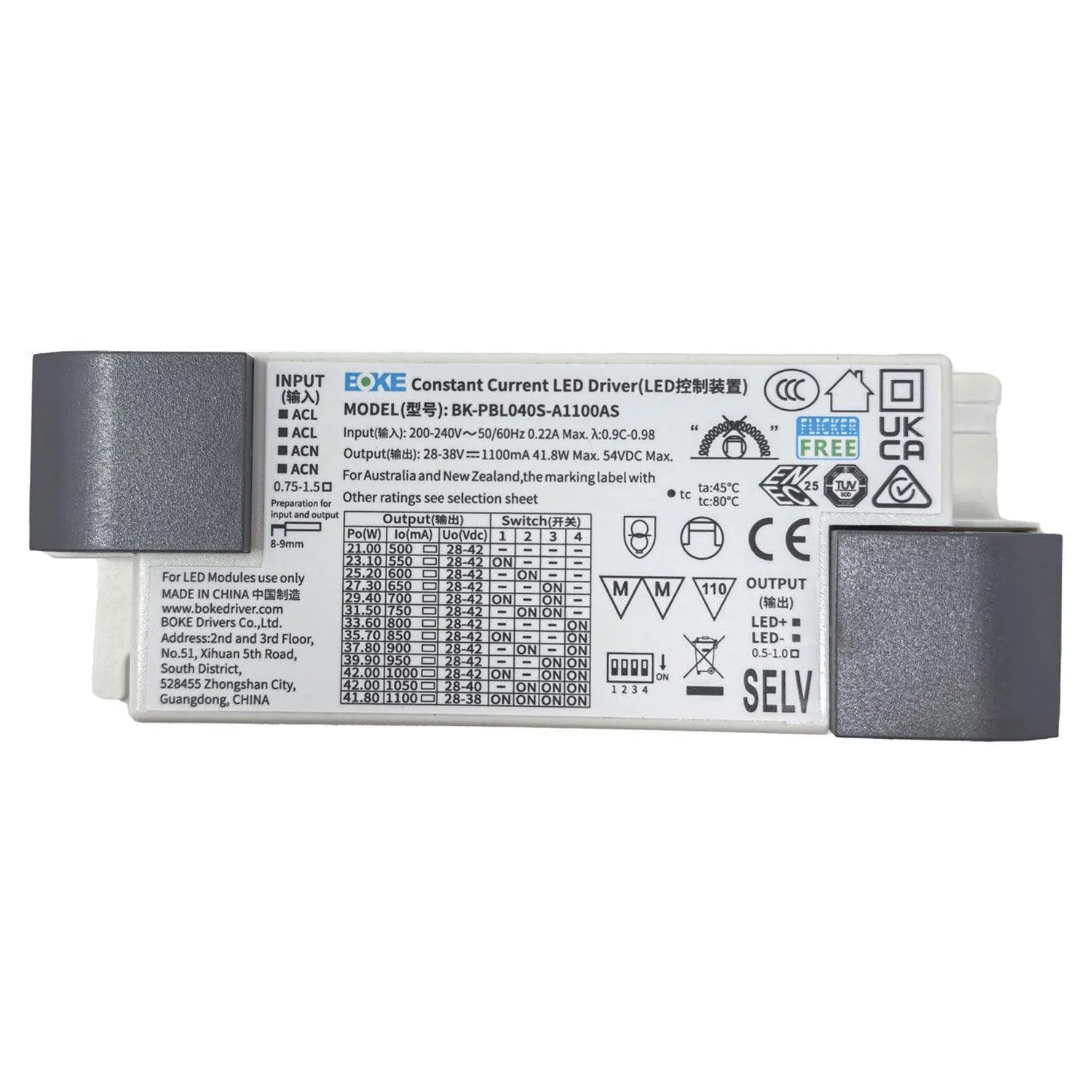 BOKE BK-PBL040S-A1100AS constant current LED driver unit showing input/output specifications and switch settings label.