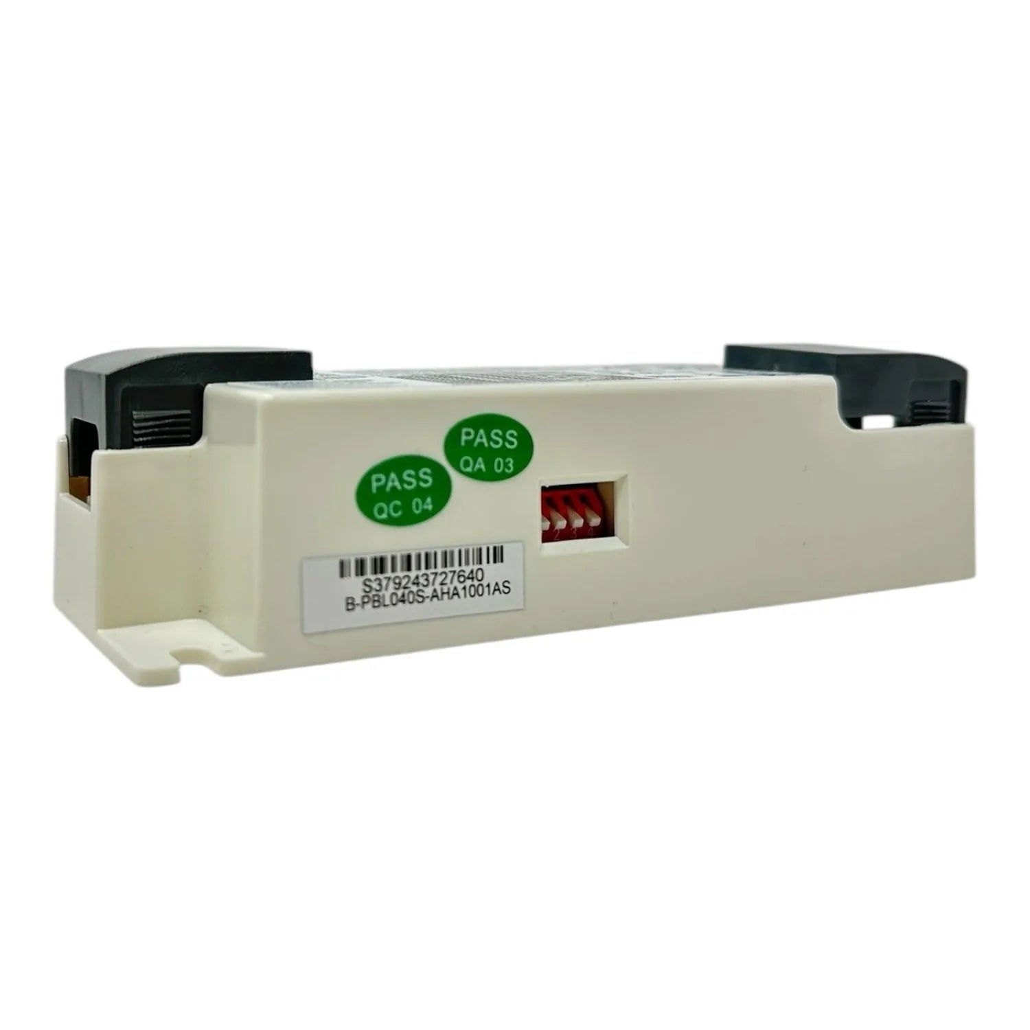 Cream-colored rectangular LED driver with black end caps, green "PASS QC 04" and "PASS QA 03" stickers, barcode label, and re