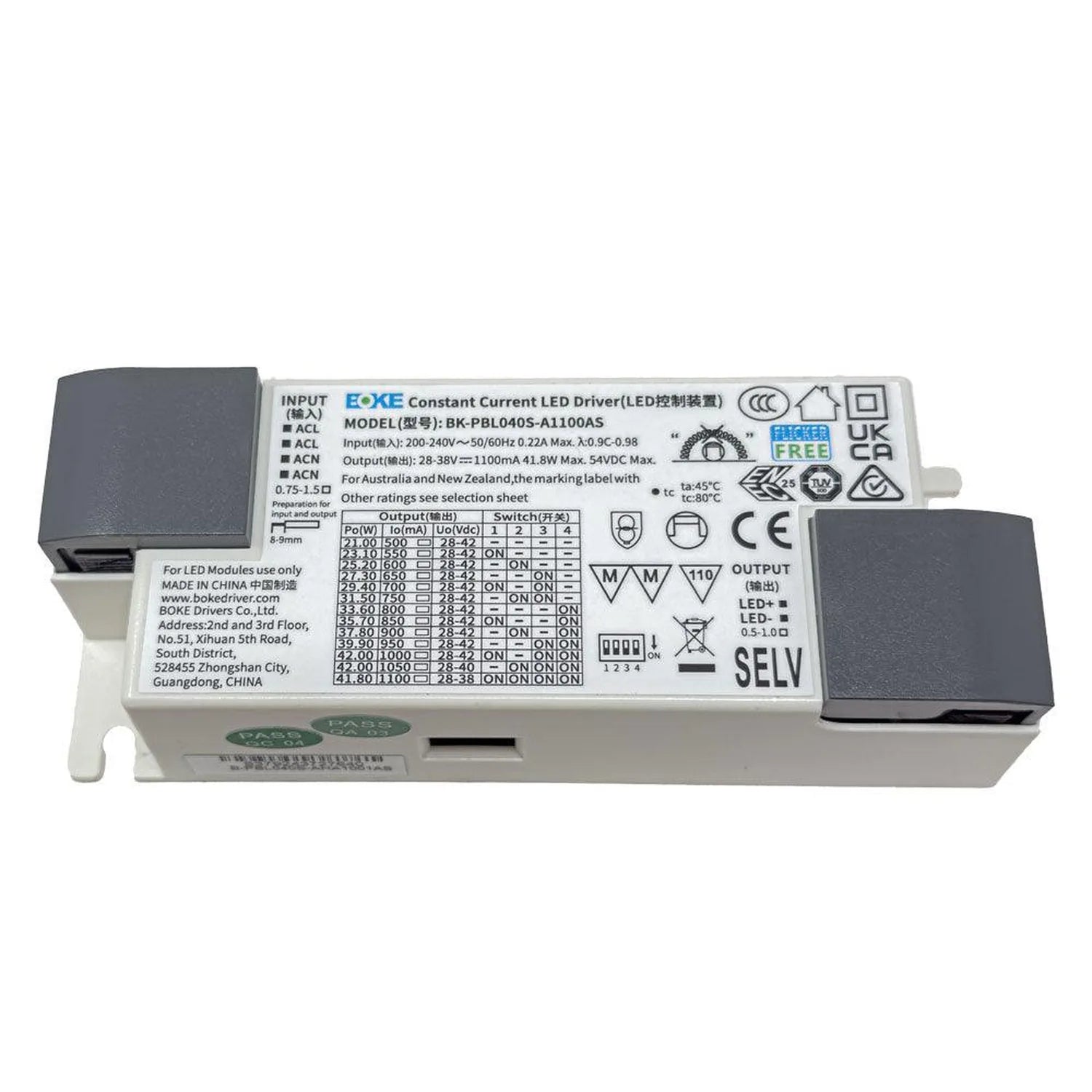 Boke constant current LED driver control unit showing specifications label with input/output details and switch settings tabl
