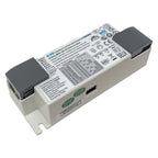White rectangular LED driver with black end caps, label with specifications and regulatory markings visible on top.