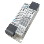 White rectangular LED driver with black end caps, showing technical specifications and regulatory certifications on label.