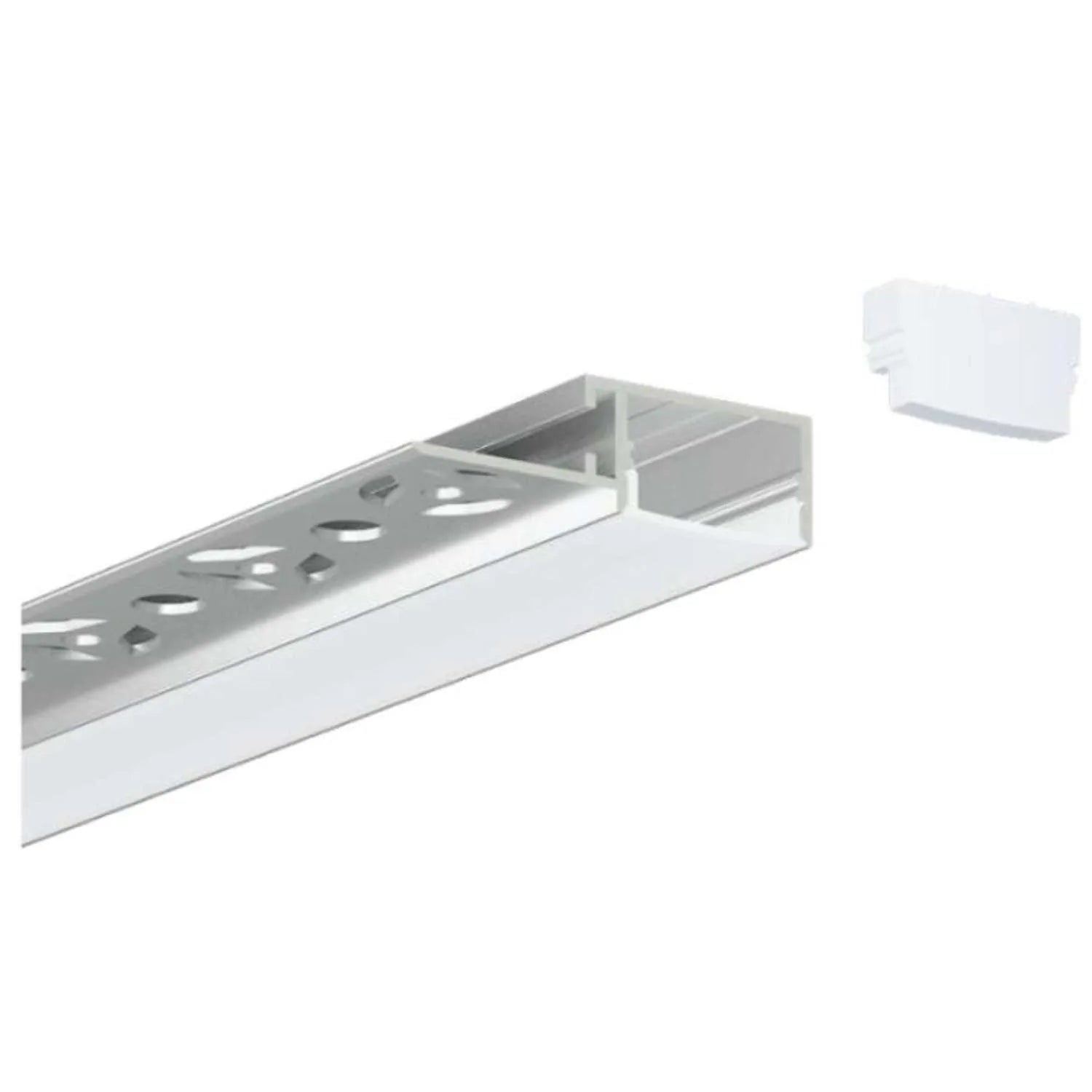 LED recessed drywall profile with aluminum channel and white flange, shown with white end cap component.