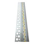 LED recessed drywall profile with aluminum housing, perforated flange, and integrated yellow LED strip mounted on white backg