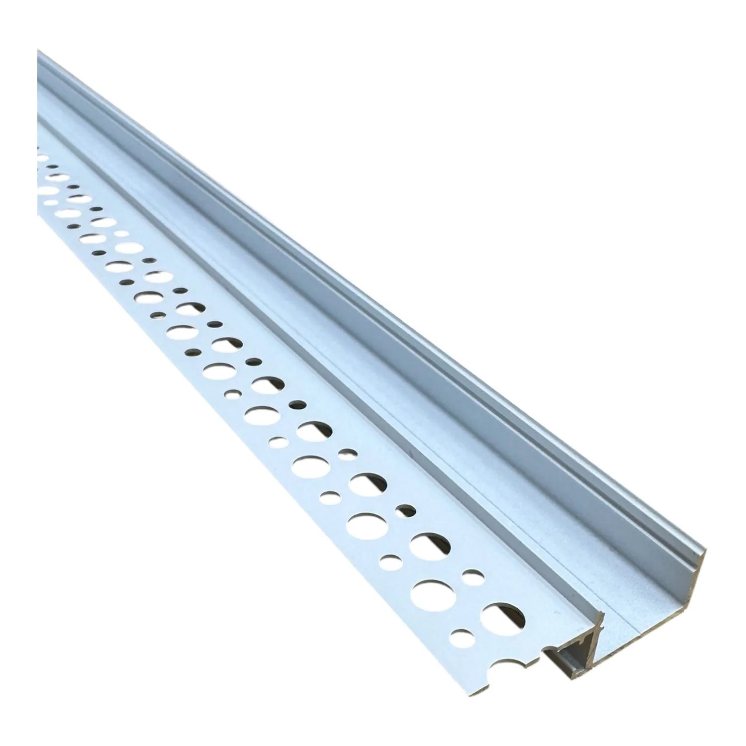 Galvanized metal corner flange profile with perforated mounting holes along its length, product alone on white background.