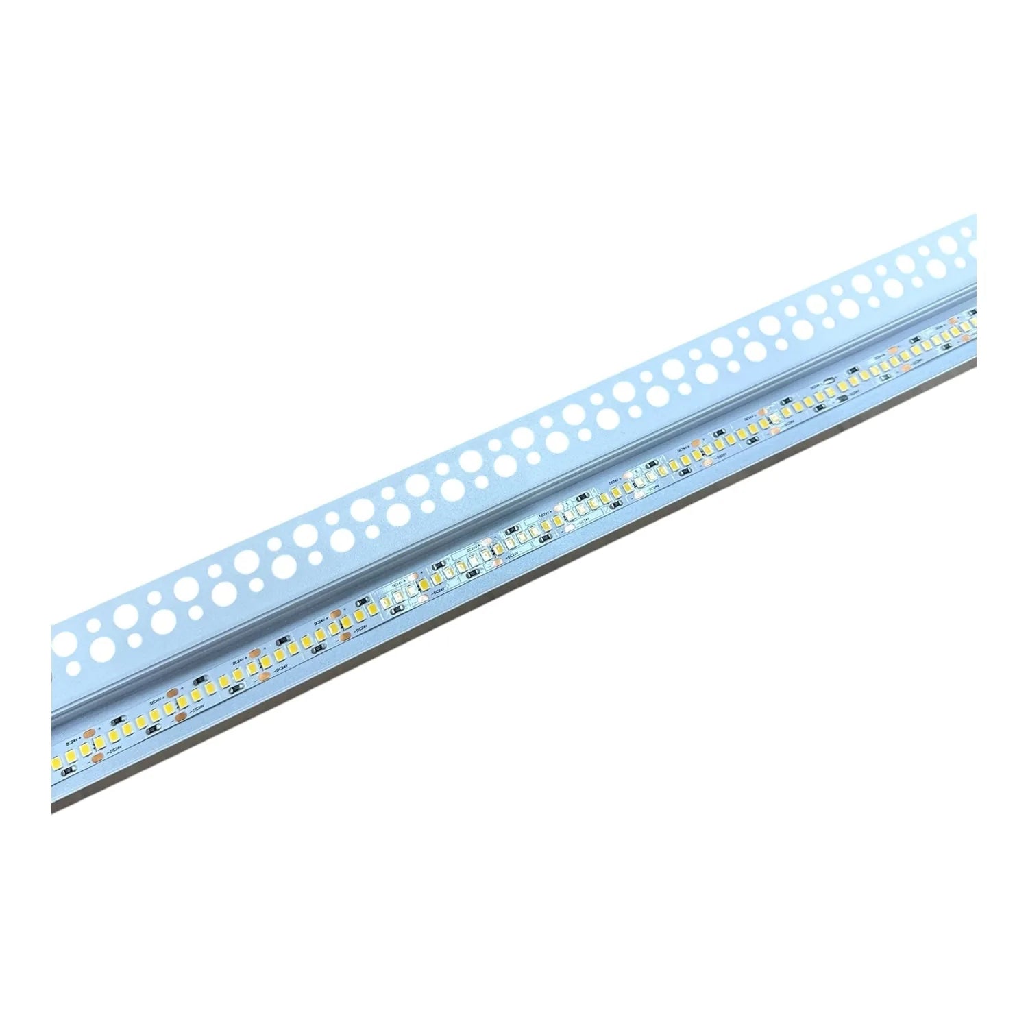 LED strip light with aluminum channel and white perforated flange, yellow diodes visible on dual strips, angled product view.