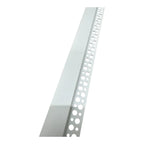 White aluminum drywall profile with perforated corner flange, angled view showing 1-meter length for recessed LED installatio