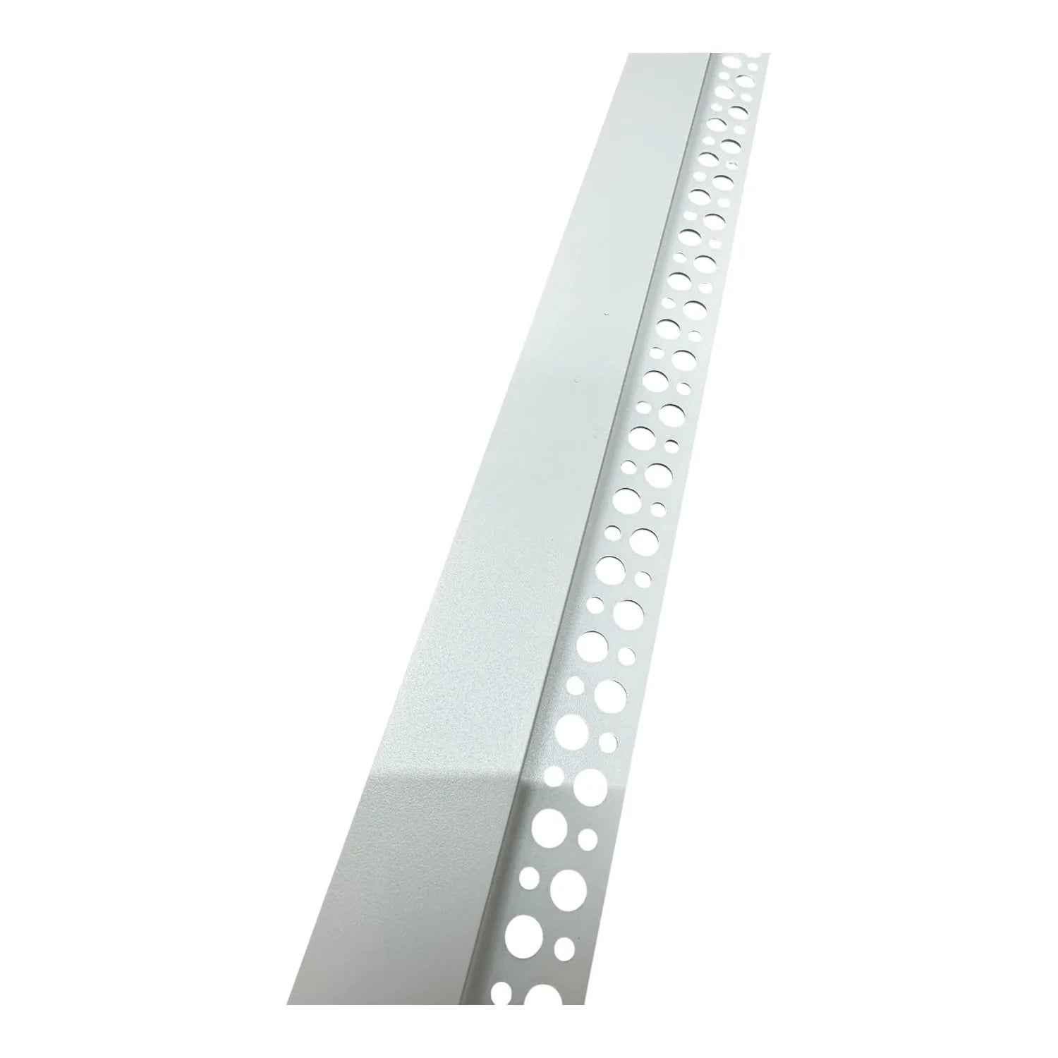 White aluminum drywall profile with perforated corner flange, angled view showing 1-meter length for recessed LED installatio