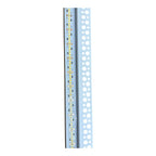 Close-up of LED strip profile showing yellow LED lights mounted on blue aluminum extrusion with perforated mounting flange.