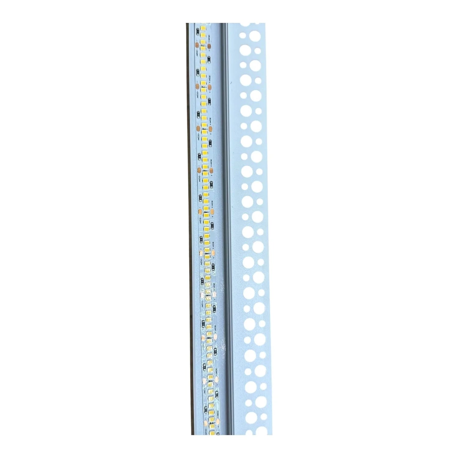 Close-up of LED strip profile showing yellow LED lights mounted on blue aluminum extrusion with perforated mounting flange.