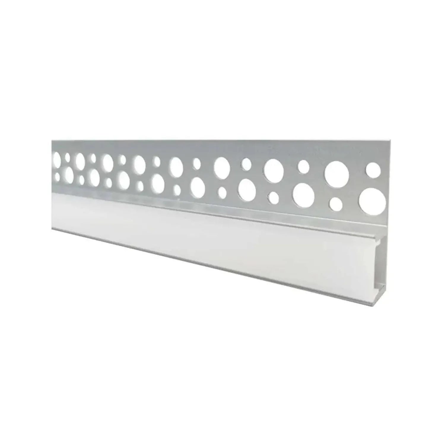 Aluminum LED profile with perforated top and white base channel, angled perspective view against white background.