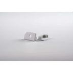 White aluminum LED profile components displayed on white surface showing mounting bracket and end cap pieces.