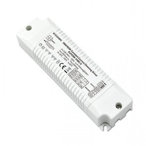 White rectangular LED driver with ribbed casing, CE marking, and technical specifications label visible on front.