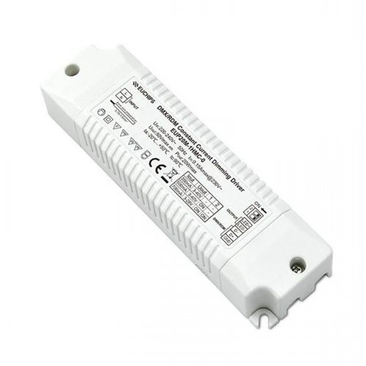 White rectangular LED driver with ribbed casing, CE marking, and technical specifications label visible on front.