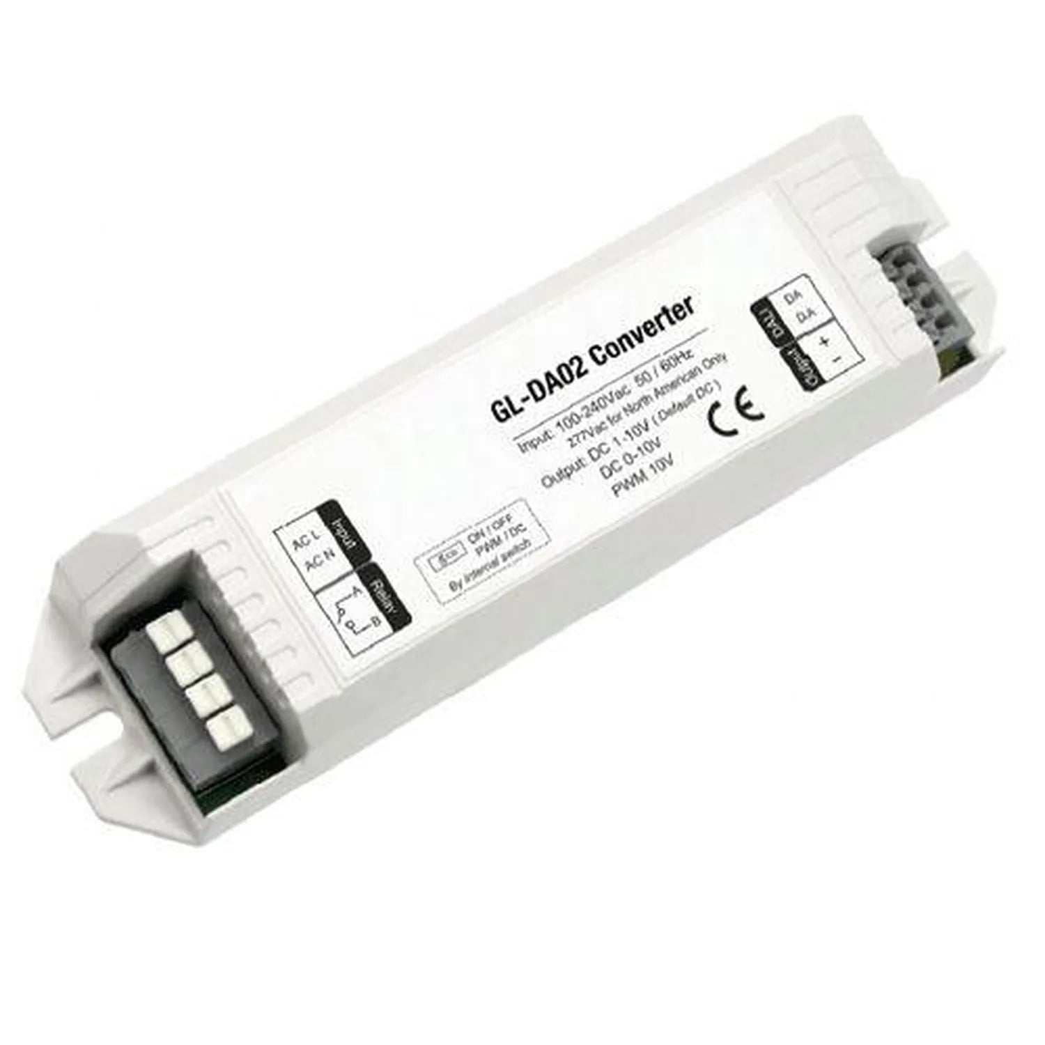GL-DA02 Converter, white rectangular LED driver with terminal blocks and control switch, angled product view.