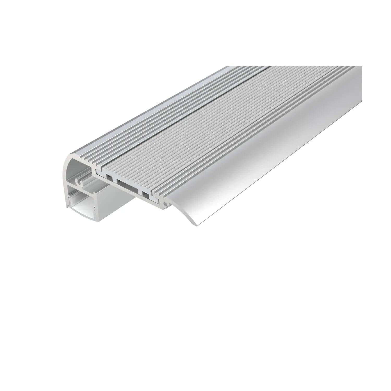 Aluminium LED stair nosing profile with ribbed top surface and integrated anti-slip texture, shown at an angle with white vin