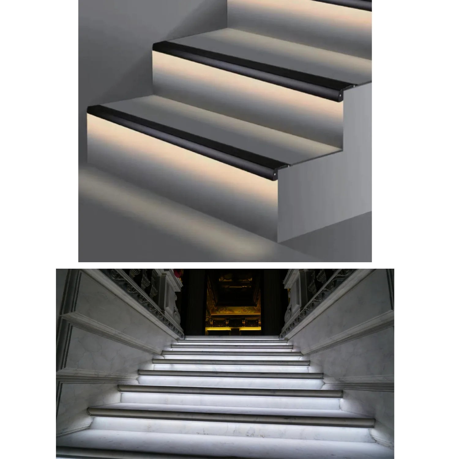 Two images showing LED stair nosing profile: top is 3D render with warm lighting under black edge trim; bottom shows installe