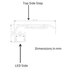 Technical dimension diagram of aluminum LED stair nosing profile showing top and side views with measurements in millimeters.