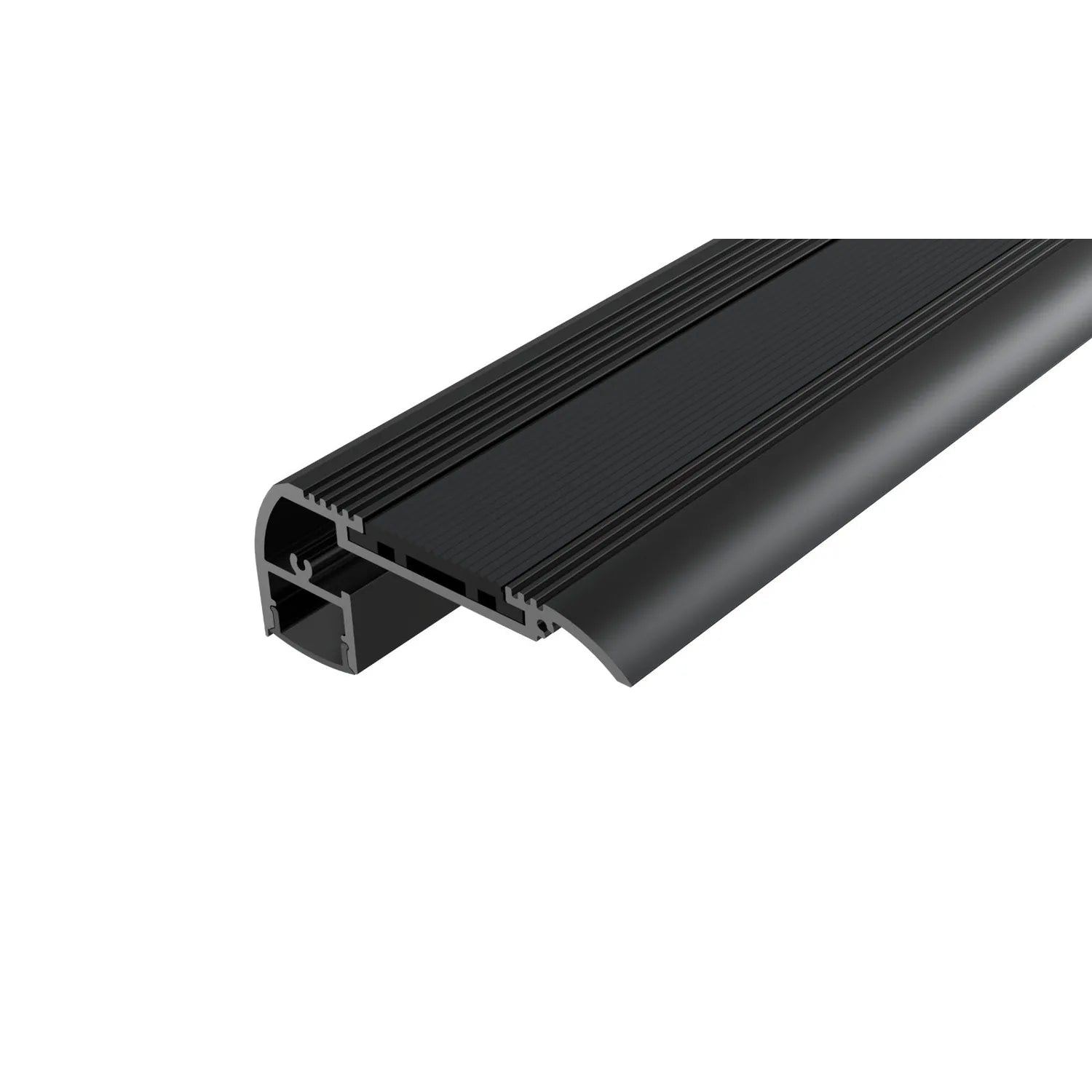 Black aluminium LED stair nosing profile with anti-slip surface and ribbed texture, shown at an angle against white backgroun