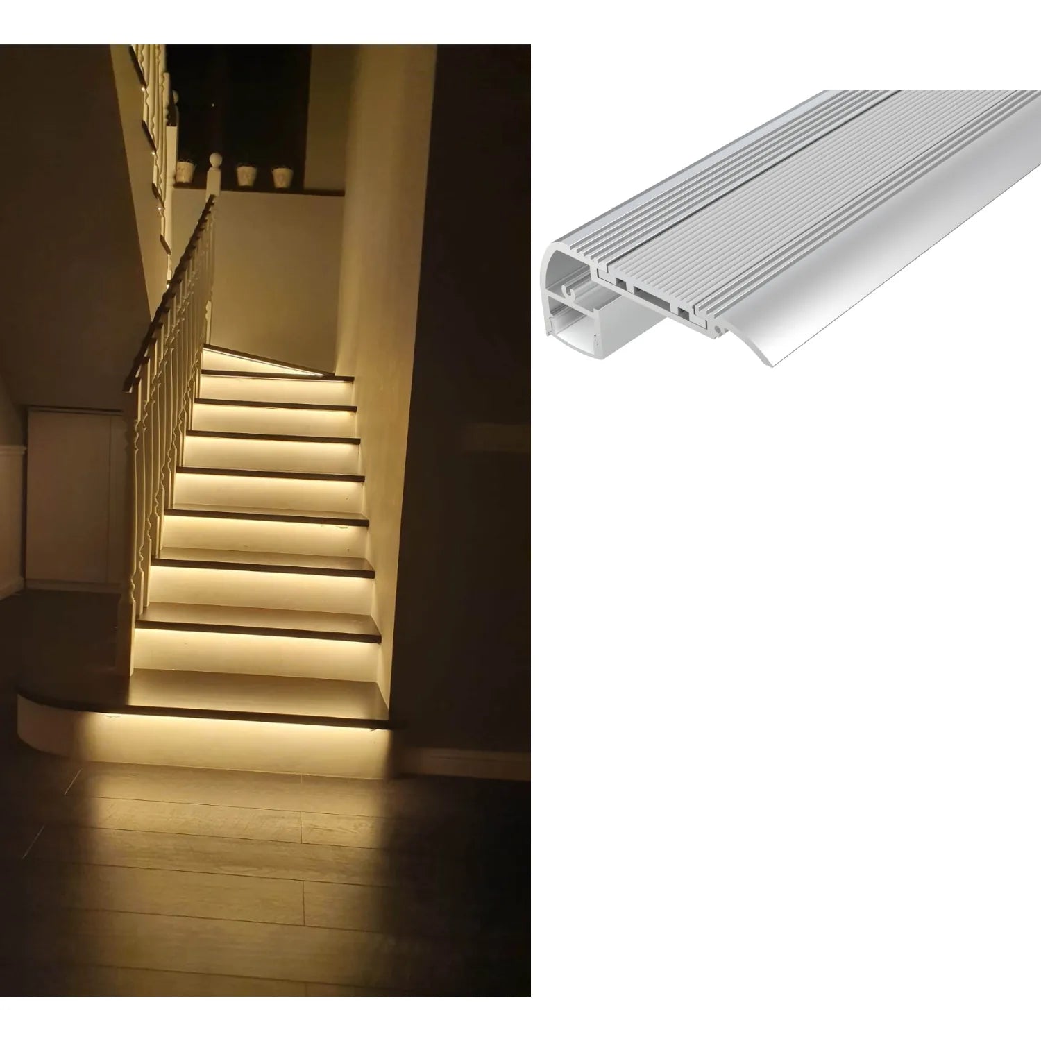 Left: LED stair nosing installed under stair treads providing warm accent lighting. Right: Product diagram showing aluminum p