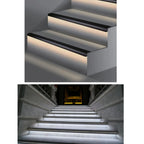 Two views of black aluminium LED stair nosing with integrated lighting: top shows 3D rendering of profile design with warm li