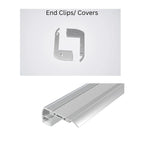 End clips and covers for aluminium LED stair nosing profile, showing metal bracket connectors and ribbed aluminium trim piece