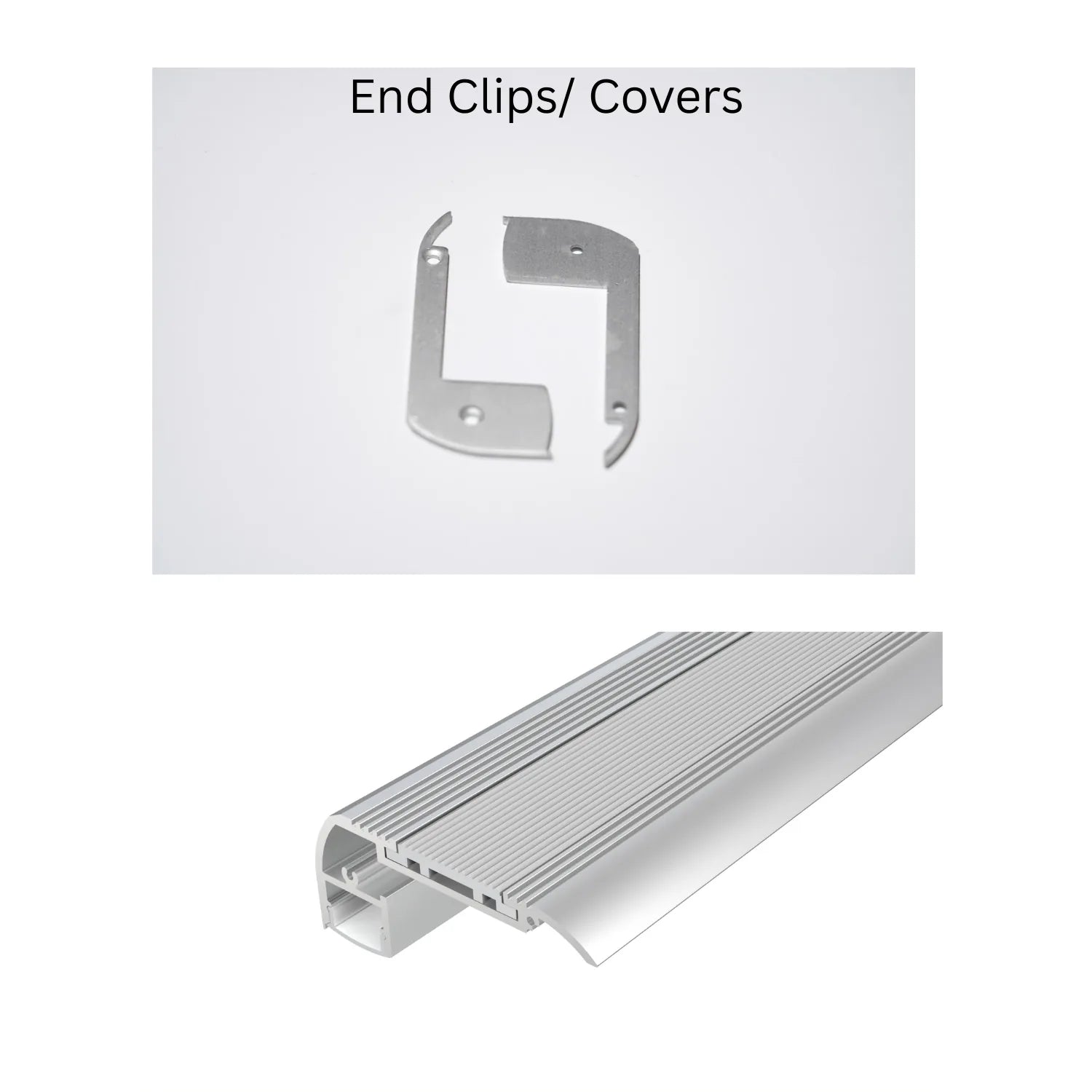 End clips and covers for aluminium LED stair nosing profile, showing metal bracket connectors and ribbed aluminium trim piece