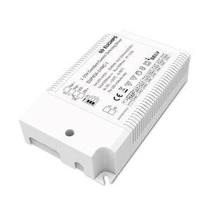 White rectangular LED driver with finned heatsink, technical specifications and CE marking visible on top label.