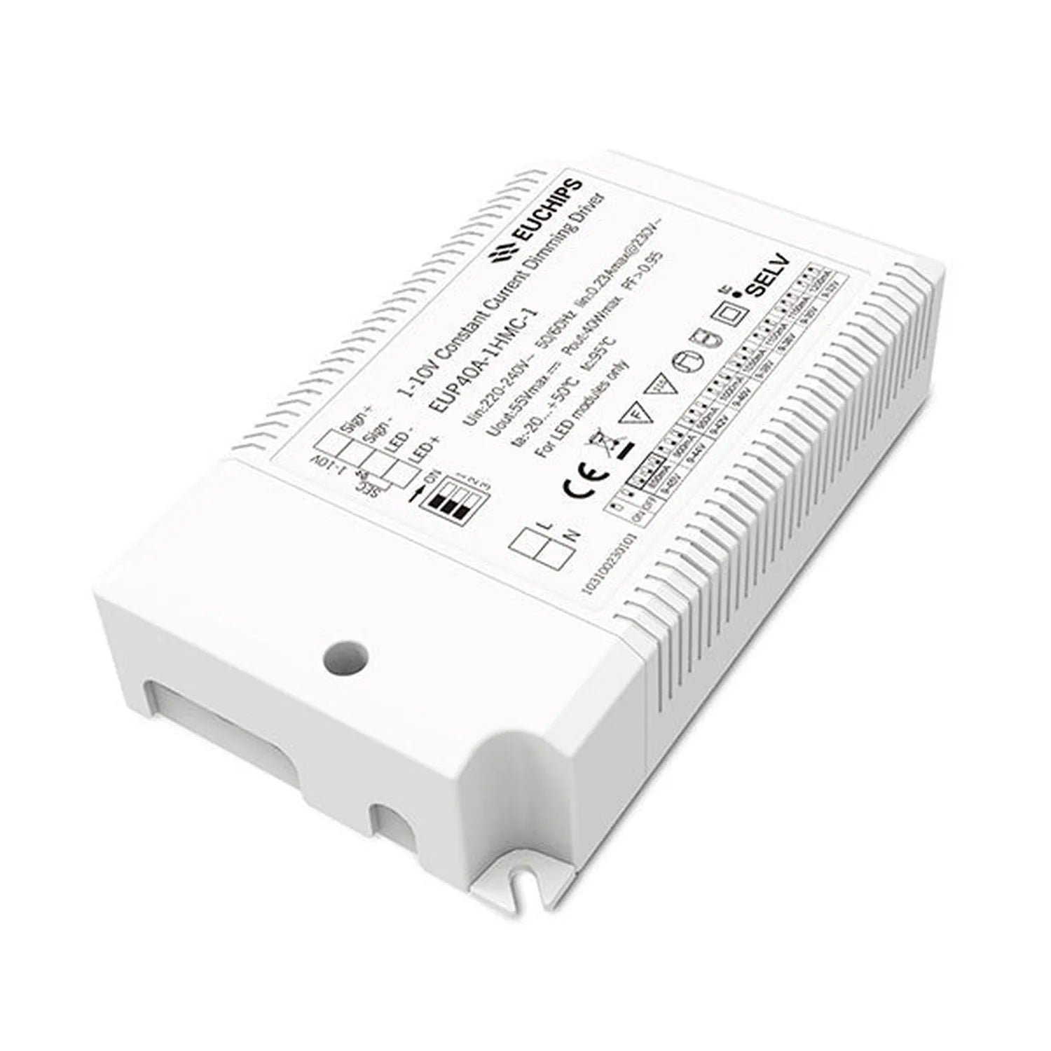 White rectangular LED driver with finned heatsink, technical specifications and CE marking visible on top label.