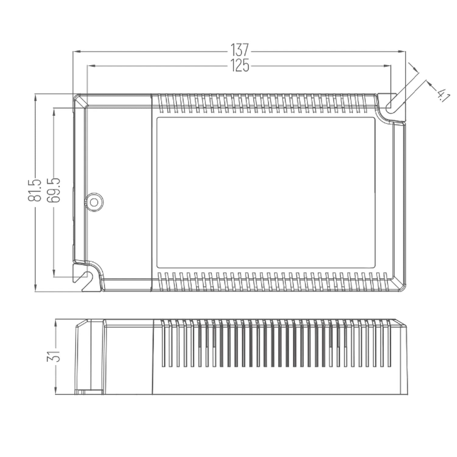 Technical dimension diagram of 40W LED driver showing top view and side profile with measurements in millimeters.