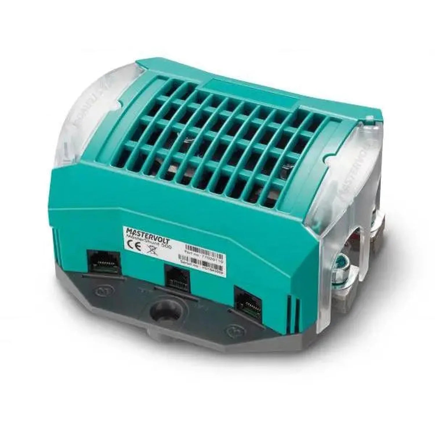 Mastervolt MasterShunt 500A battery monitor with turquoise and gray housing, showing terminal connectors and ventilation gril