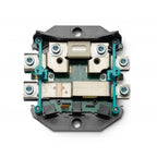 Top-down view of MasterShunt 500A Battery Monitor interior showing cream-colored terminal blocks, teal metal frame, green cir