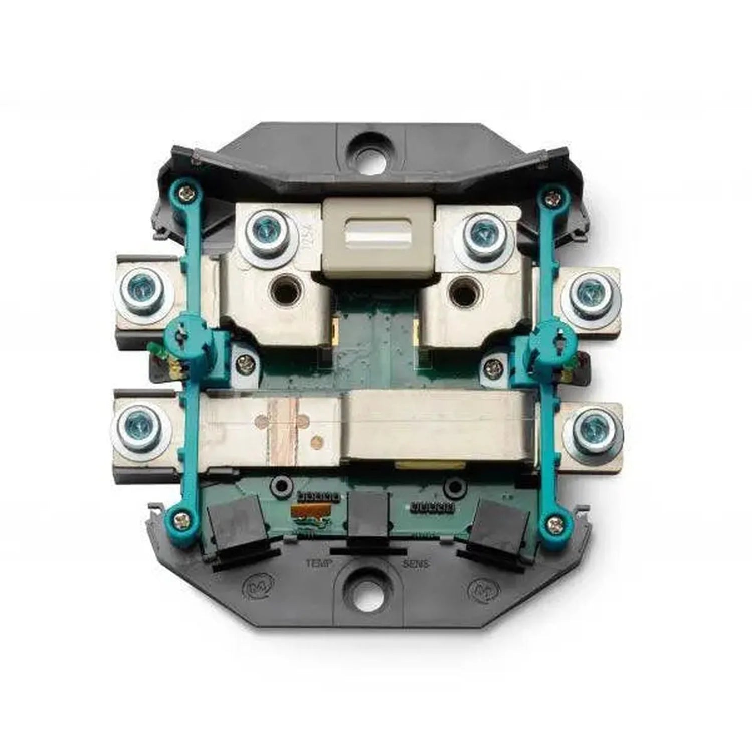Top-down view of MasterShunt 500A Battery Monitor interior showing cream-colored terminal blocks, teal metal frame, green cir