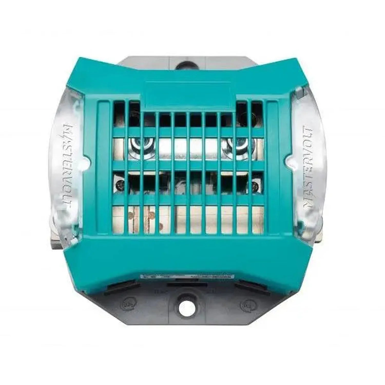 Top-down view of turquoise battery monitor with ventilation grille, dual headlights, and gray mounting base.