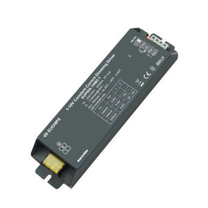 EUCHIPS 60W constant current dimmable LED driver with 1-10V dimming control, showing technical specifications label and termi
