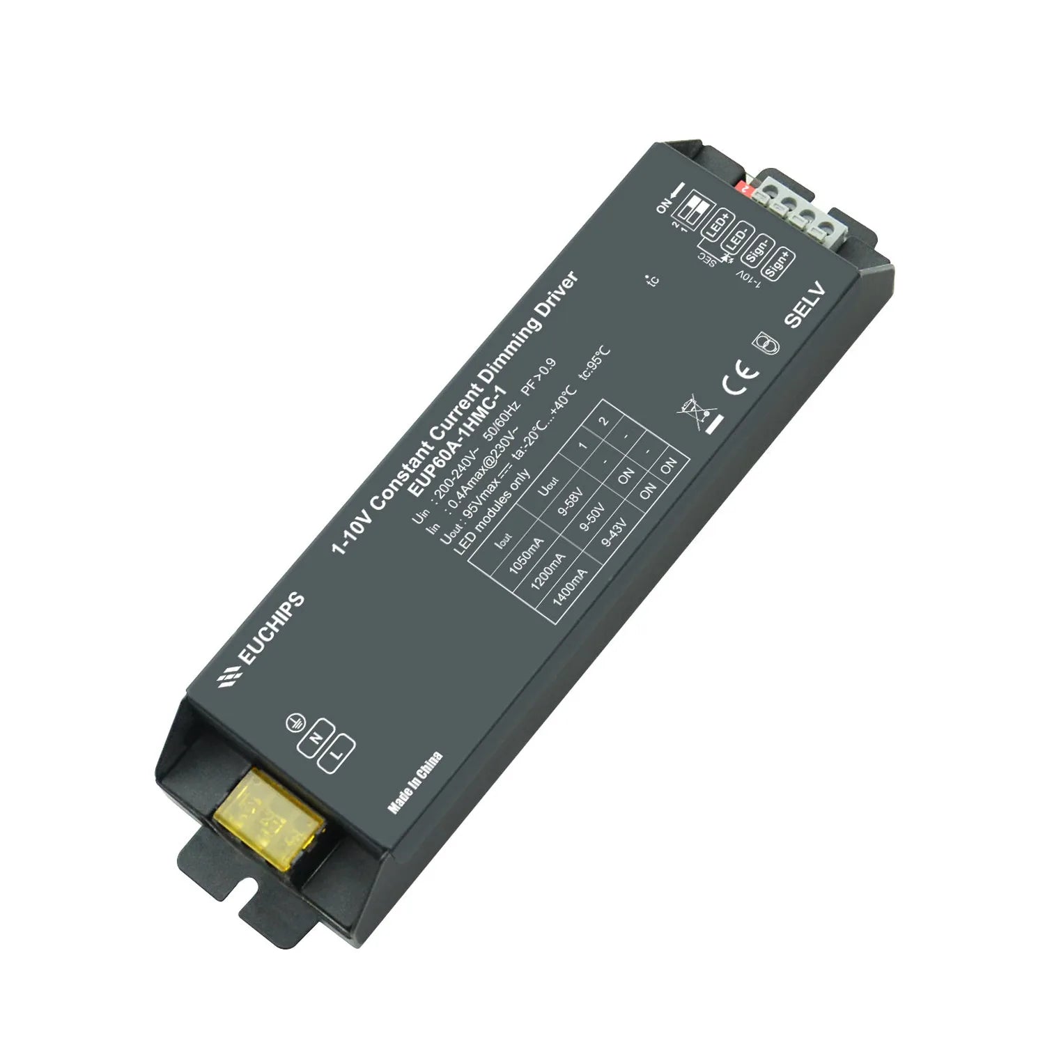 EUCHIPS 60W constant current dimmable LED driver with 1-10V dimming control, showing technical specifications label and termi