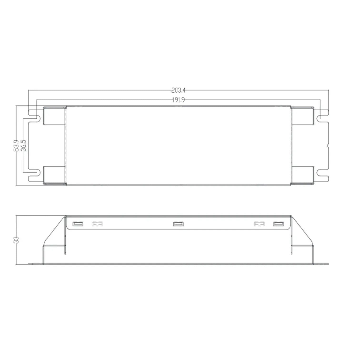 Technical dimension diagram of 60W LED driver showing top and side views with measurements in millimeters.