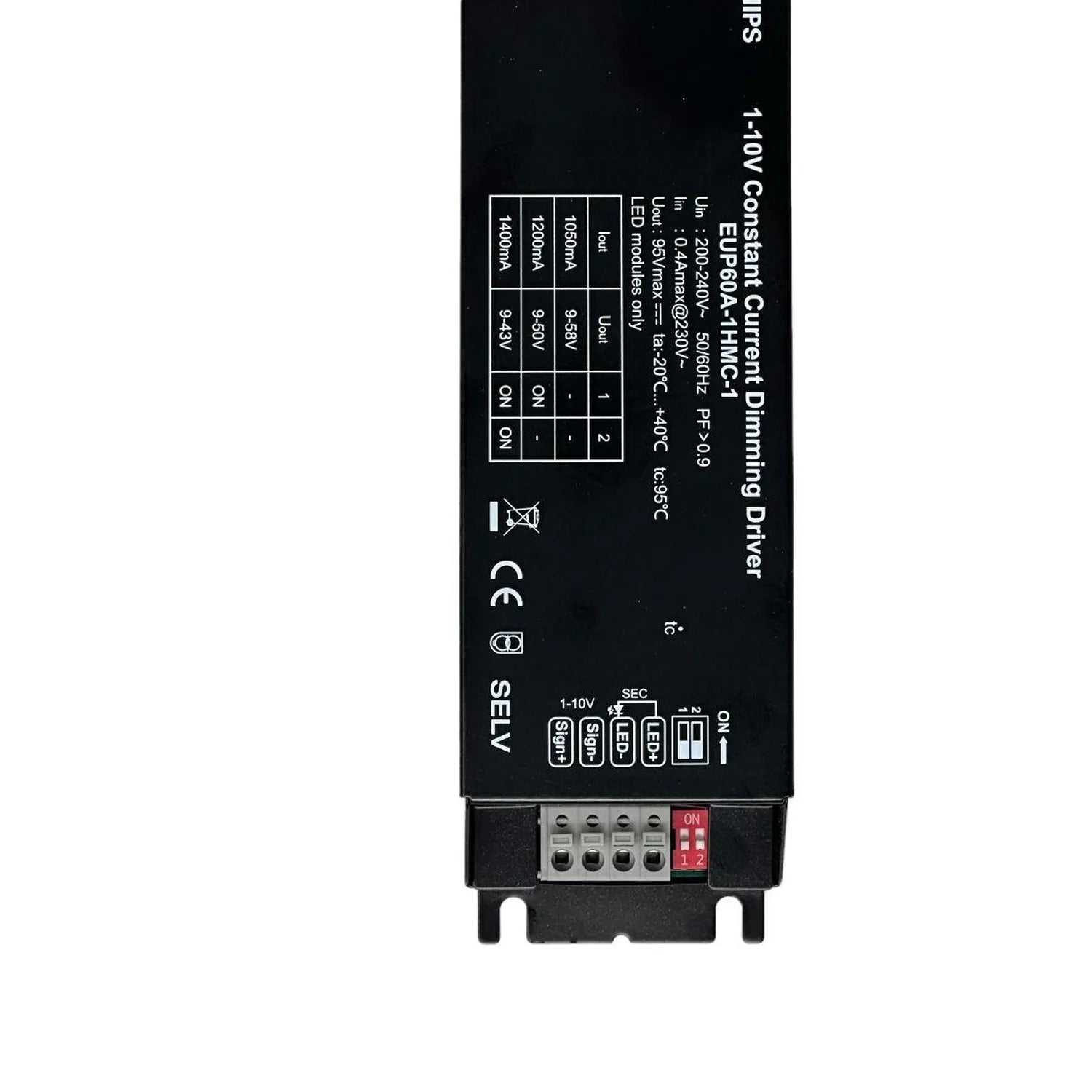 Back of 60W LED driver showing specification table, terminal connections, and certification marks.